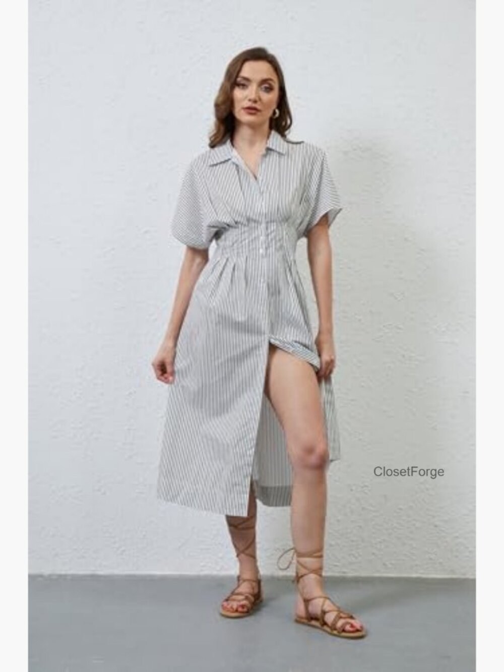 Striped Button Pleated Shirt Maxi Dress Summer Short Sleeve V-Neck Corset Long - Picture 4 of 7
